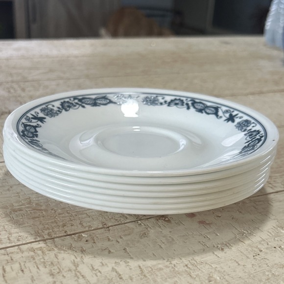 Corelle Livingware Blue Floral Saucer White Glass Round Made in USA set of 7 - Picture 3 of 3